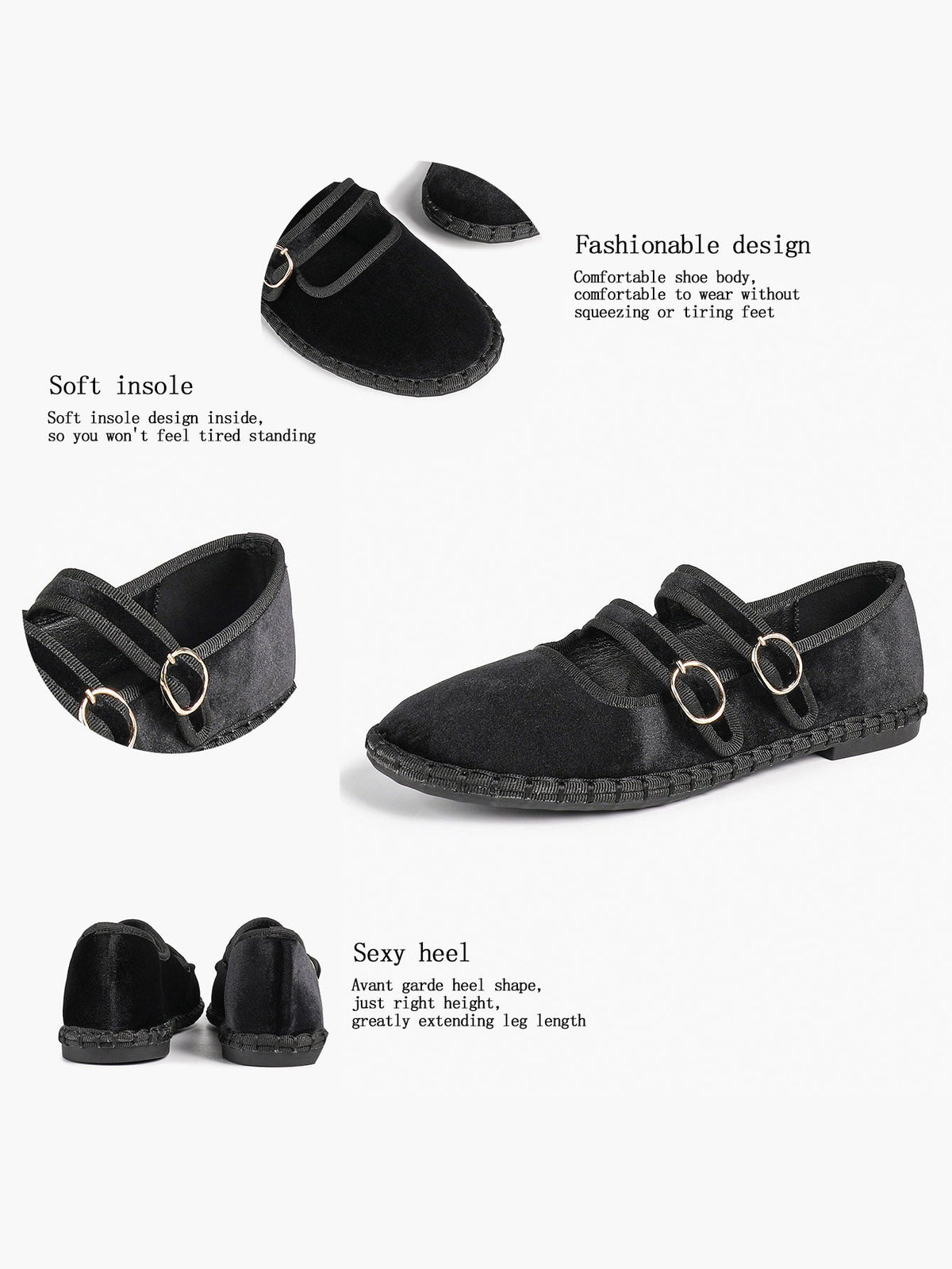 Women's Black Velvet Double-Strap Mary Jane Flats Pointed Toe Slip On Shoes Casual Shoes ISHIFIVAN