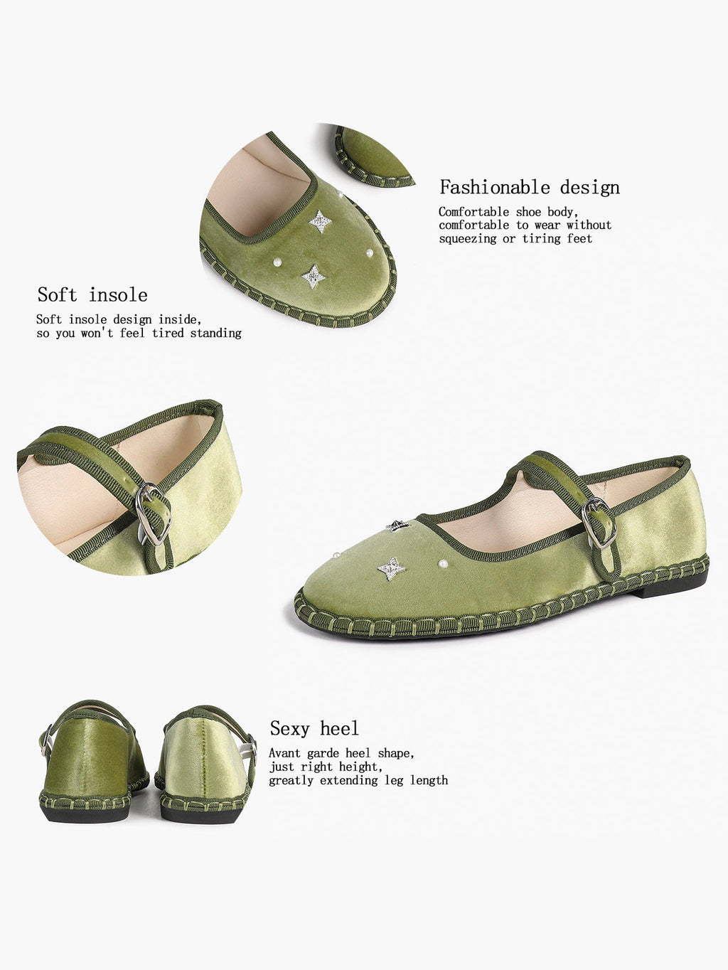 Olive Green Velvet Retro Chinese Style Mary Jane Flats with Star Rhinestone Pearl ISHIFIVAN