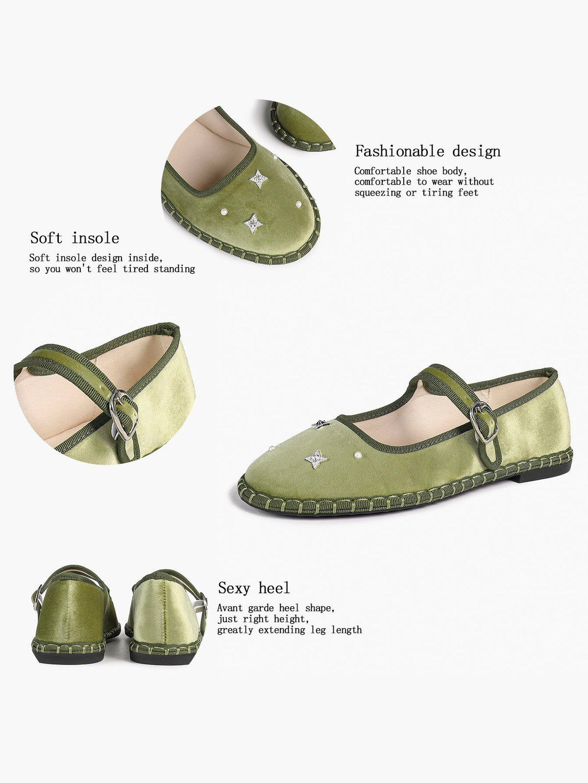 Olive Green Velvet Retro Chinese Style Mary Jane Flats with Star Rhinestone Pearl ISHIFIVAN