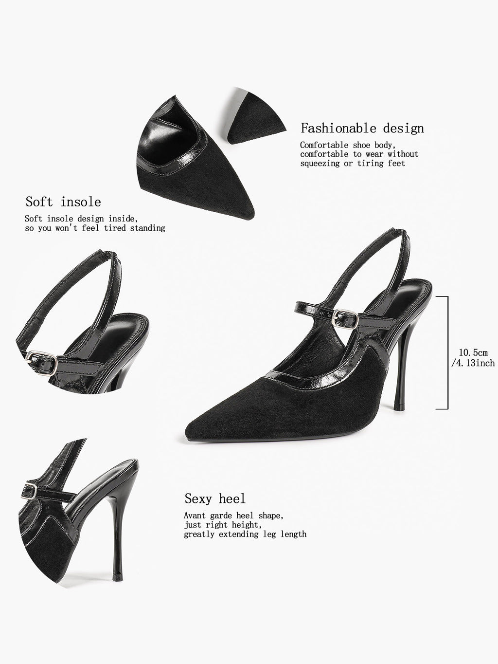 Pointed Toe Black Suede T‑Strap Slingback Heels Stiletto Shoes with Gold Buckle Evening Office