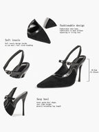 Pointed Toe Black Suede T‑Strap Slingback Heels Stiletto Shoes with Gold Buckle Evening Office