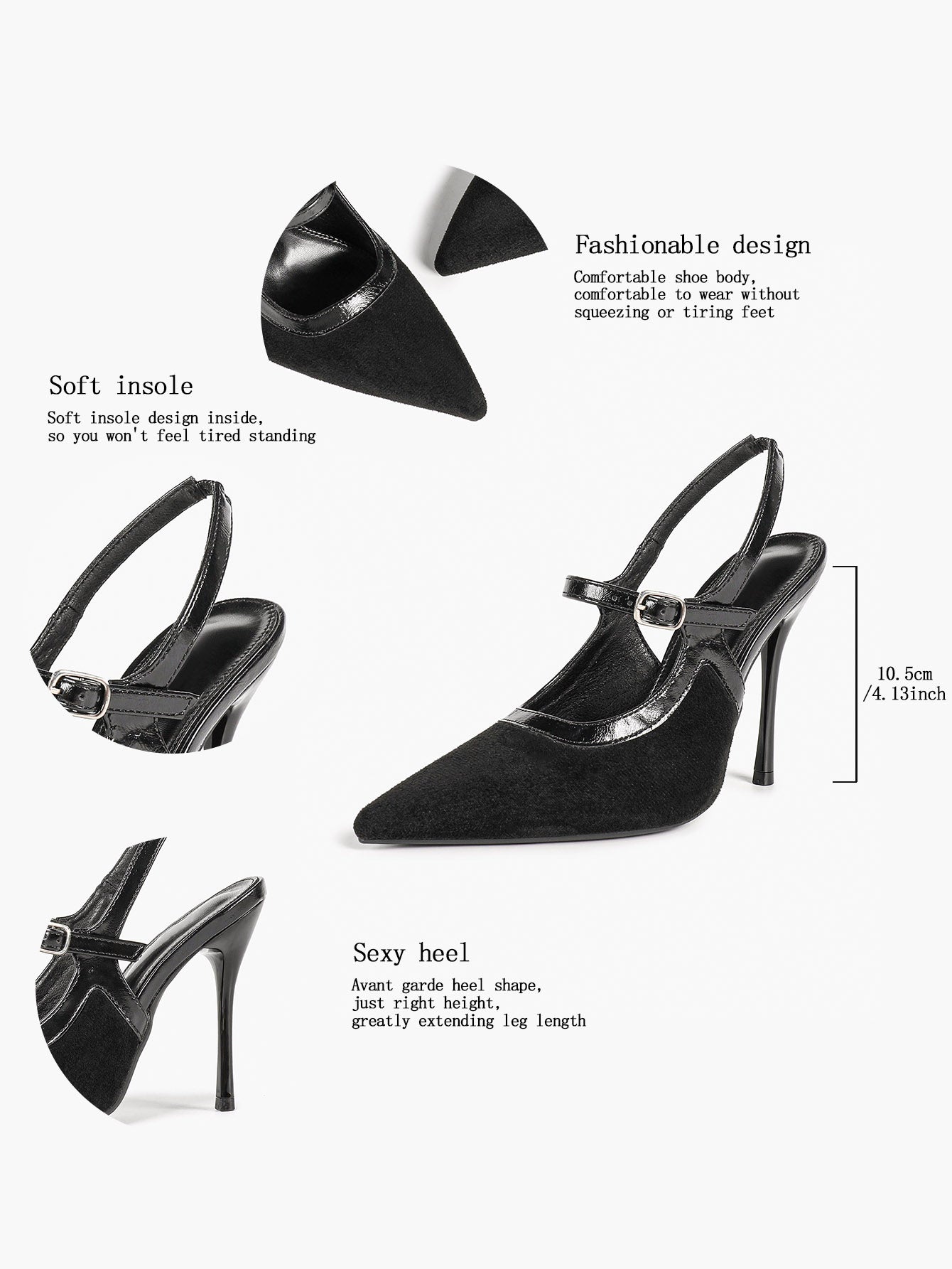 Pointed Toe Black Suede T‑Strap Slingback Heels Stiletto Shoes with Gold Buckle Evening Office