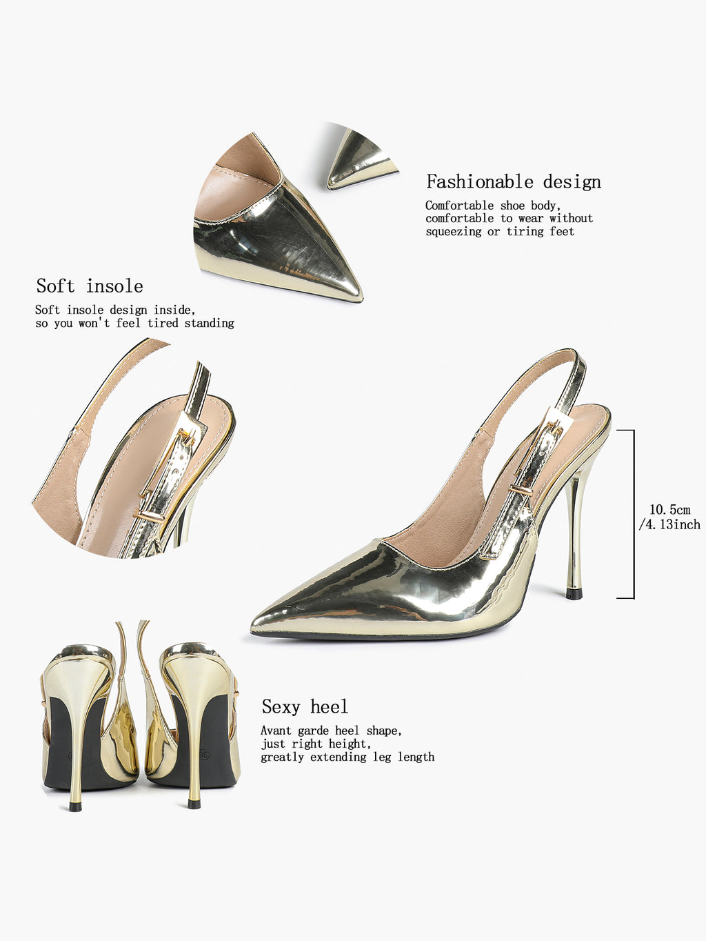 Pointed Toe Slingback Heels Metallic Party Clubwear
