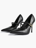 Elegant Black Pointed Stiletto Heels | Leather Strap with Gold Buckle ISHIFIVAN