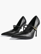 Elegant Black Pointed Stiletto Heels | Leather Strap with Gold Buckle ISHIFIVAN