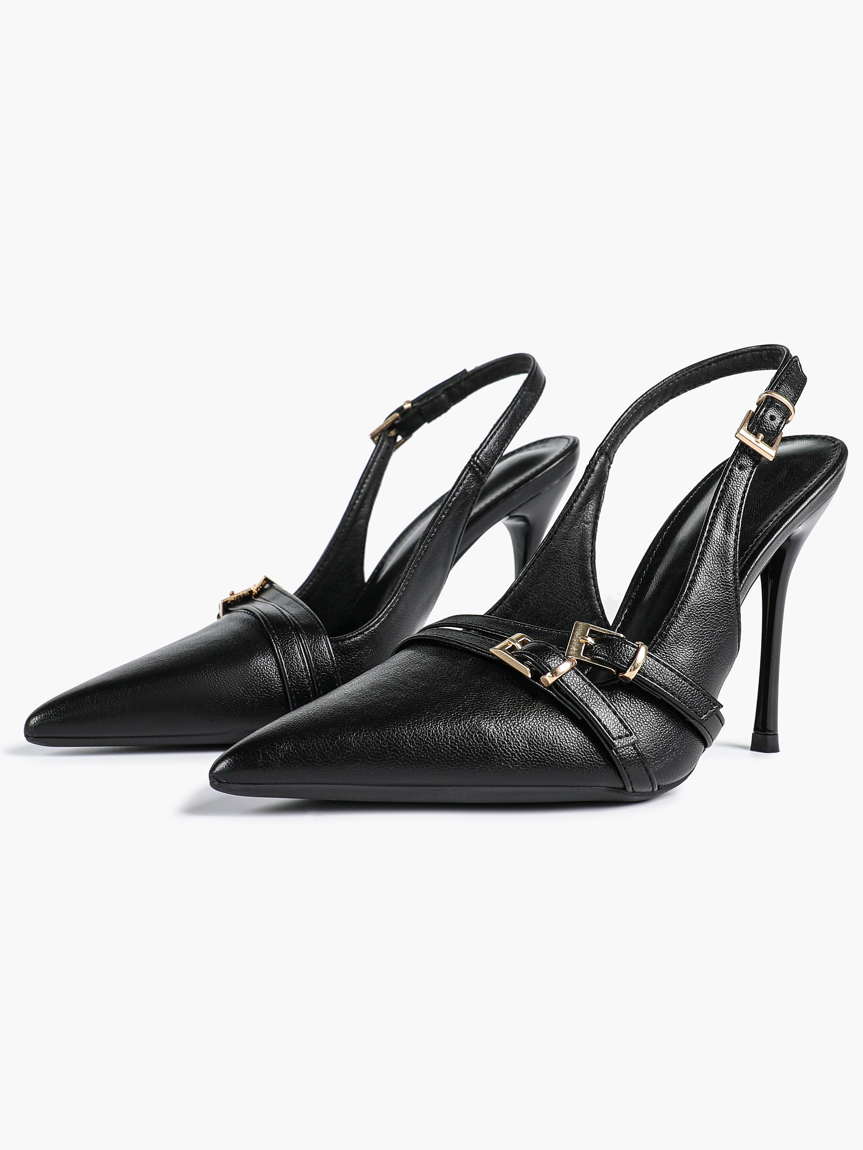 Leather Multi Buckle Slingback Pointed Toe Stiletto Heels-Elegant Dress Shoes