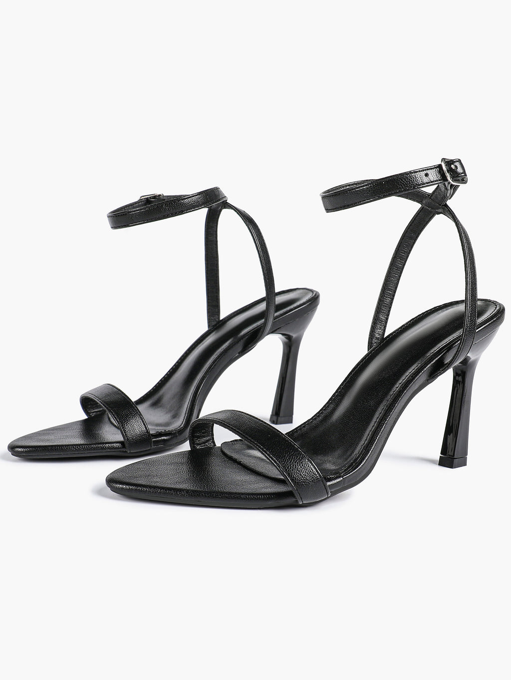 Black Leather Square Toe Ankle Strap High Heel Sandals