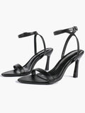 Black Leather Square Toe Ankle Strap High Heel Sandals