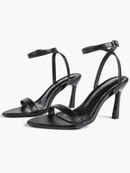 Black Leather Square Toe Ankle Strap High Heel Sandals