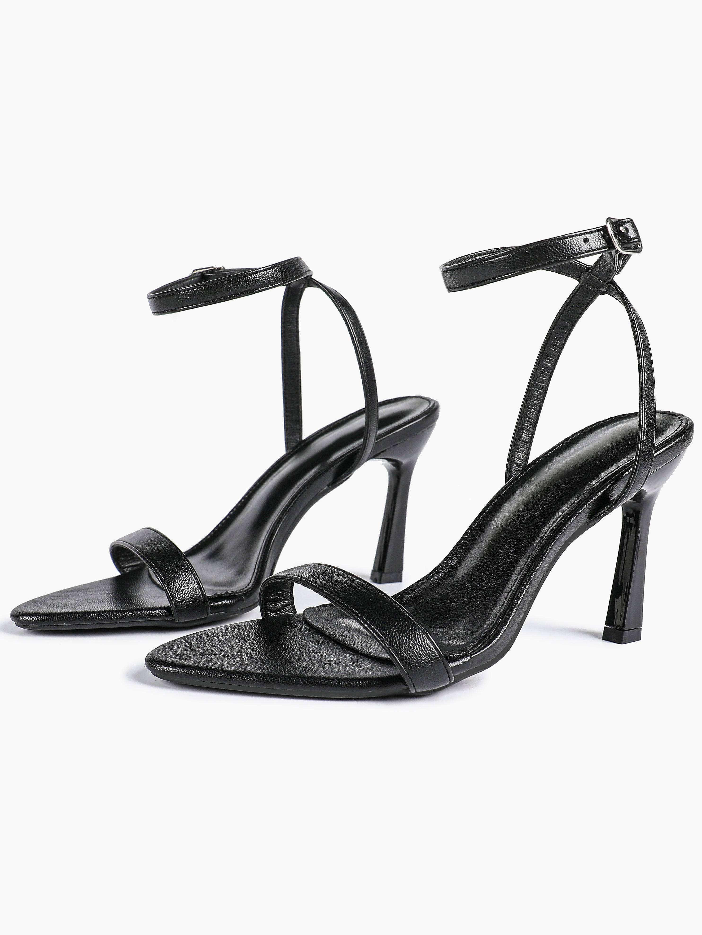 Black Leather Square Toe Ankle Strap High Heel Sandals