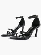 Black Leather Double Strap Heeled Sandals Open Toe - Casual Office Stiletto Pumps