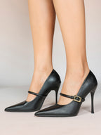 Elegant Black Pointed Stiletto Heels | Leather Strap with Gold Buckle ISHIFIVAN