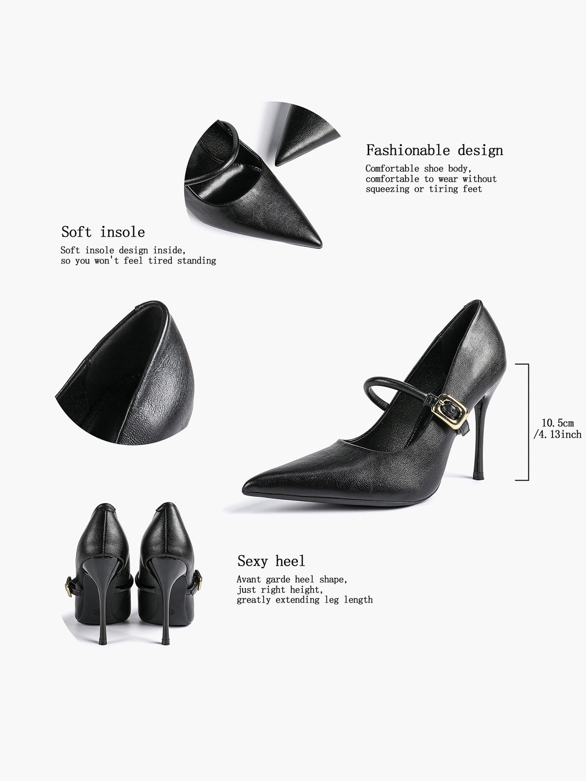 Elegant Black Pointed Stiletto Heels | Leather Strap with Gold Buckle ISHIFIVAN