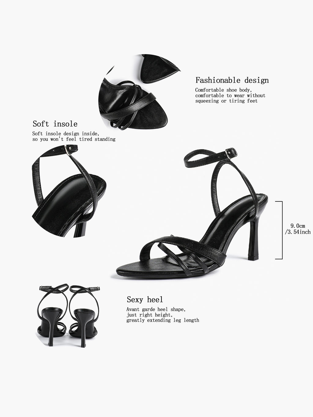 Women's Black Patent Leather Multi-Strap Ankle Strap Heeled Sandals - Summer Party Heels