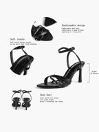 Women's Black Patent Leather Multi-Strap Ankle Strap Heeled Sandals - Summer Party Heels