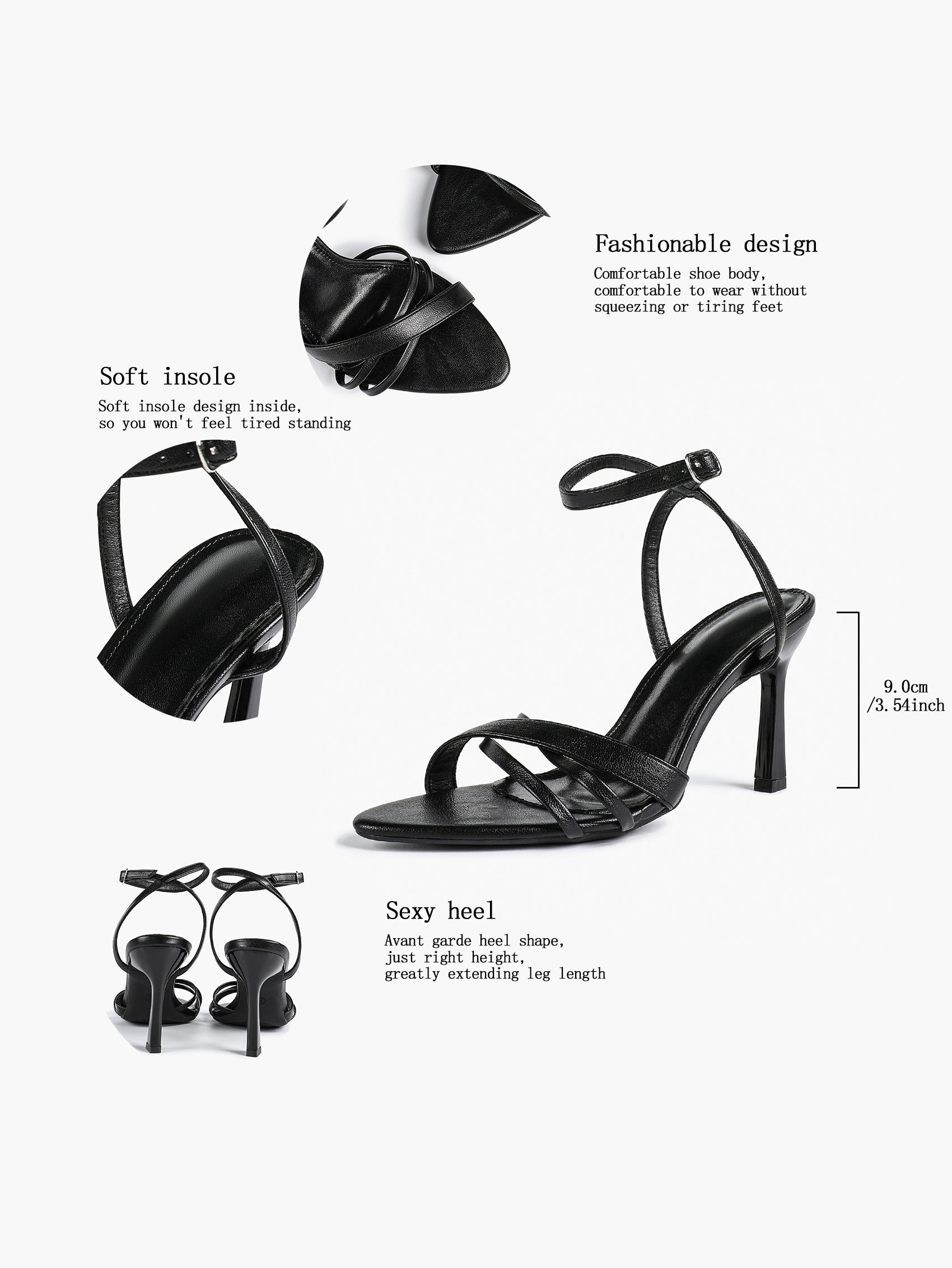 Women's Black Patent Leather Multi-Strap Ankle Strap Heeled Sandals - Summer Party Heels