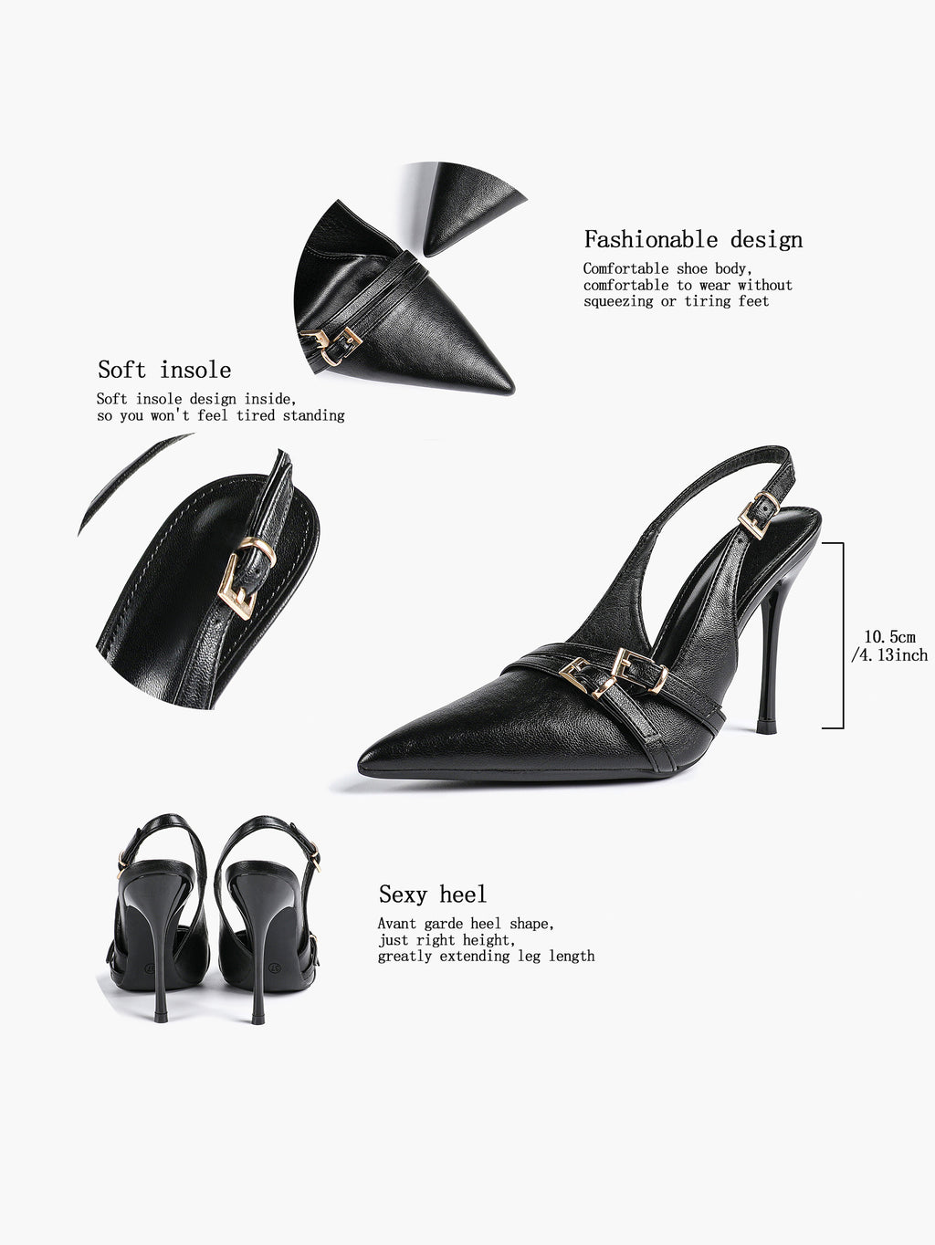 Leather Multi Buckle Slingback Pointed Toe Stiletto Heels-Elegant Dress Shoes