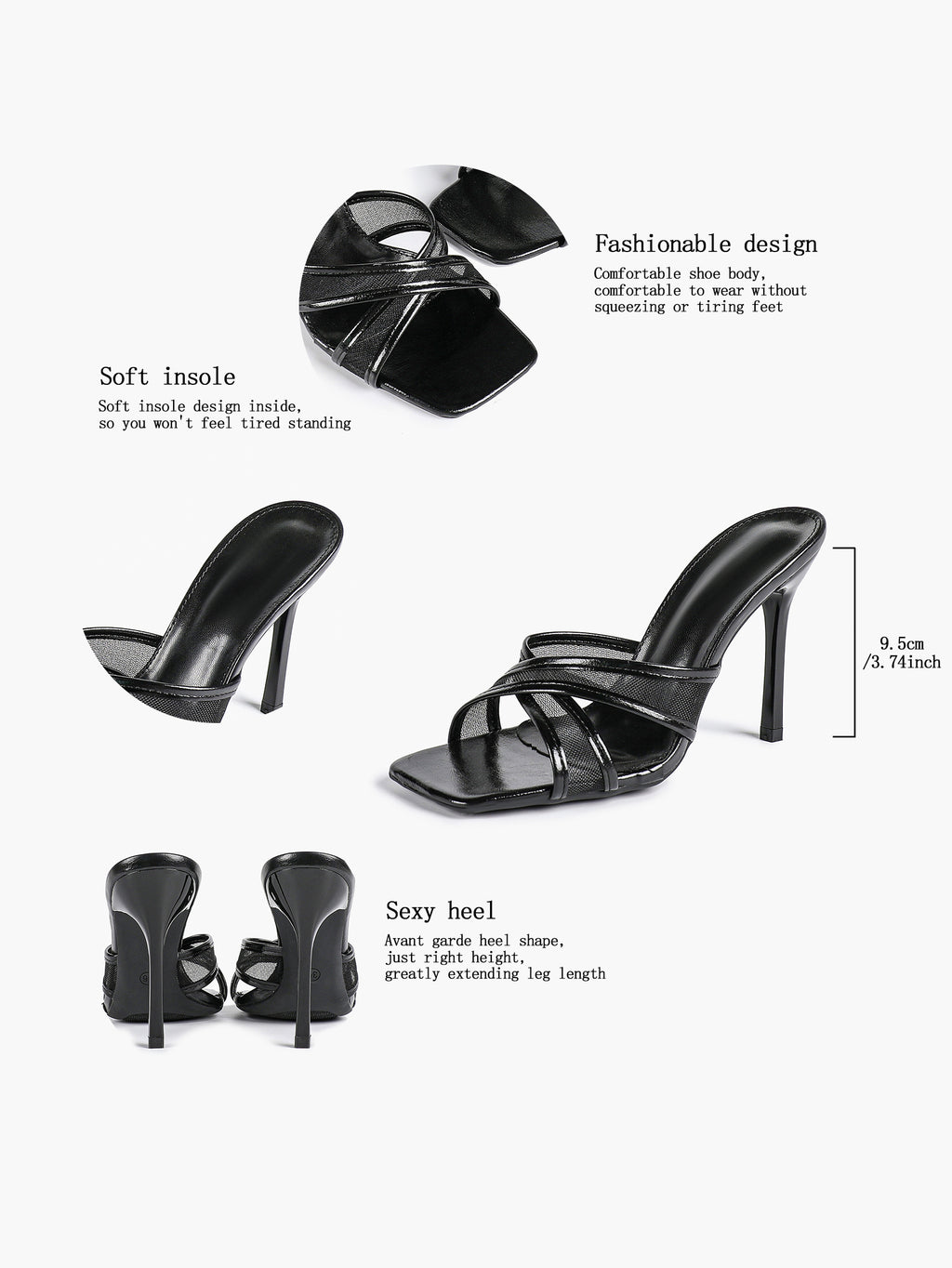 Mesh Panel Square Toe Heeled Mules Slide Sandals Party Clubwear