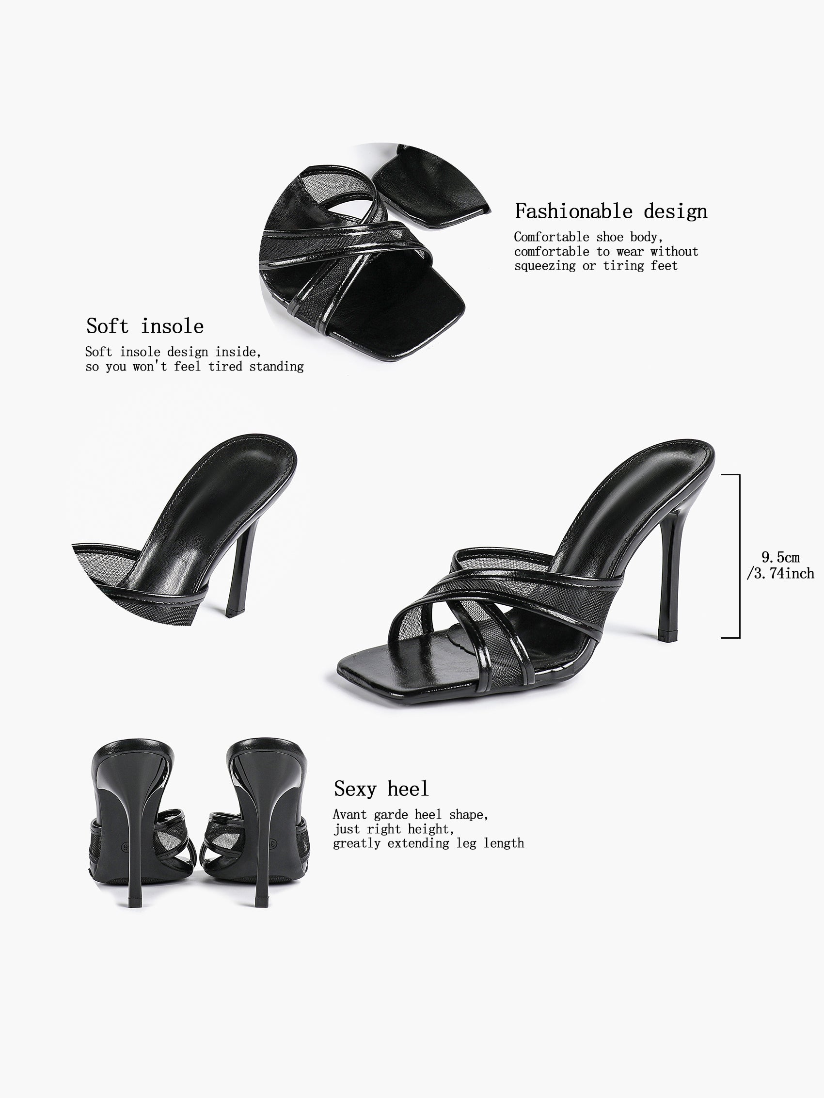 Mesh Panel Square Toe Heeled Mules Slide Sandals Party Clubwear