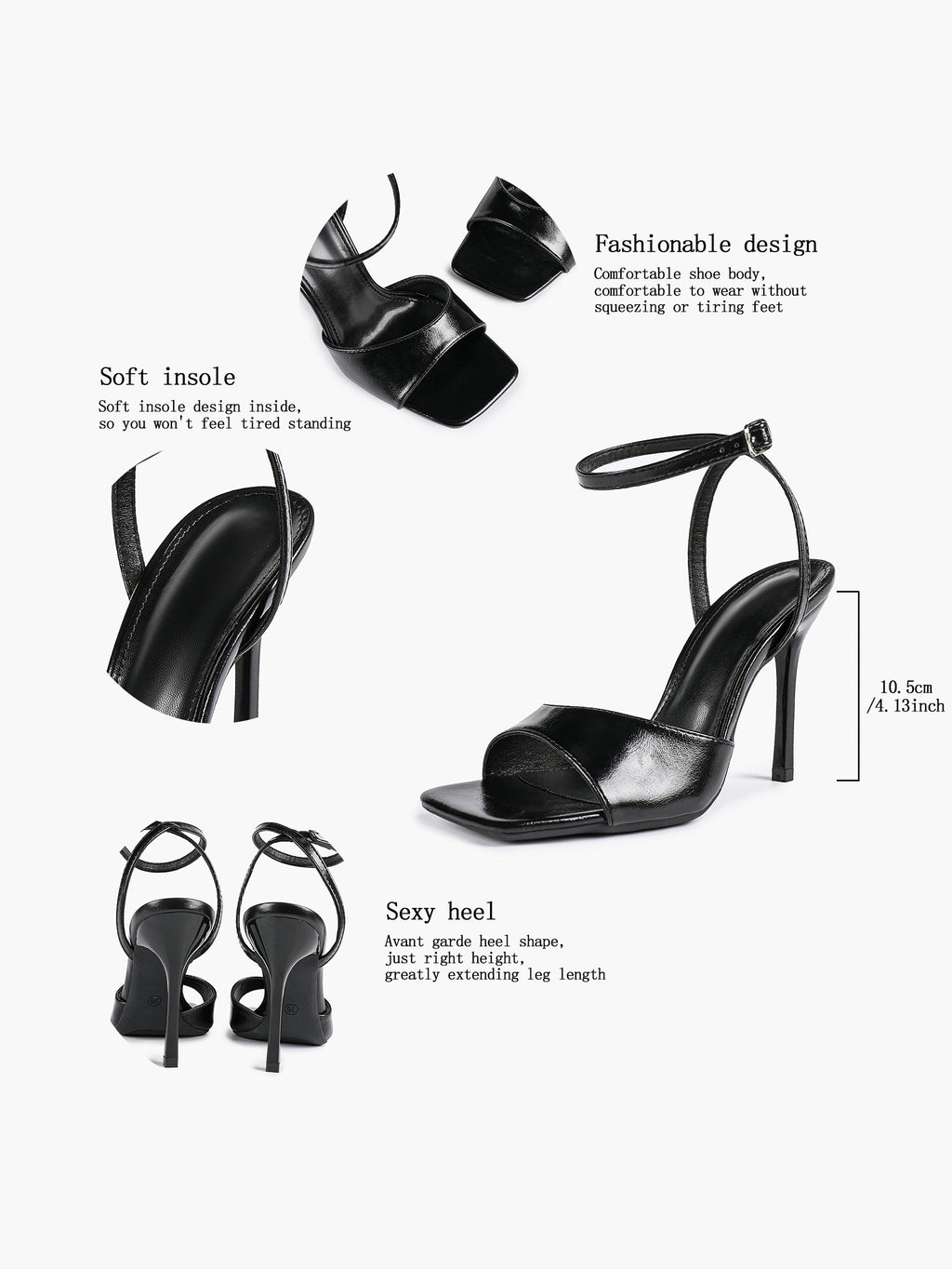 Women's Black Square Toe Ankle Strap Heeled Sandals Wedding Party Casual Shoes