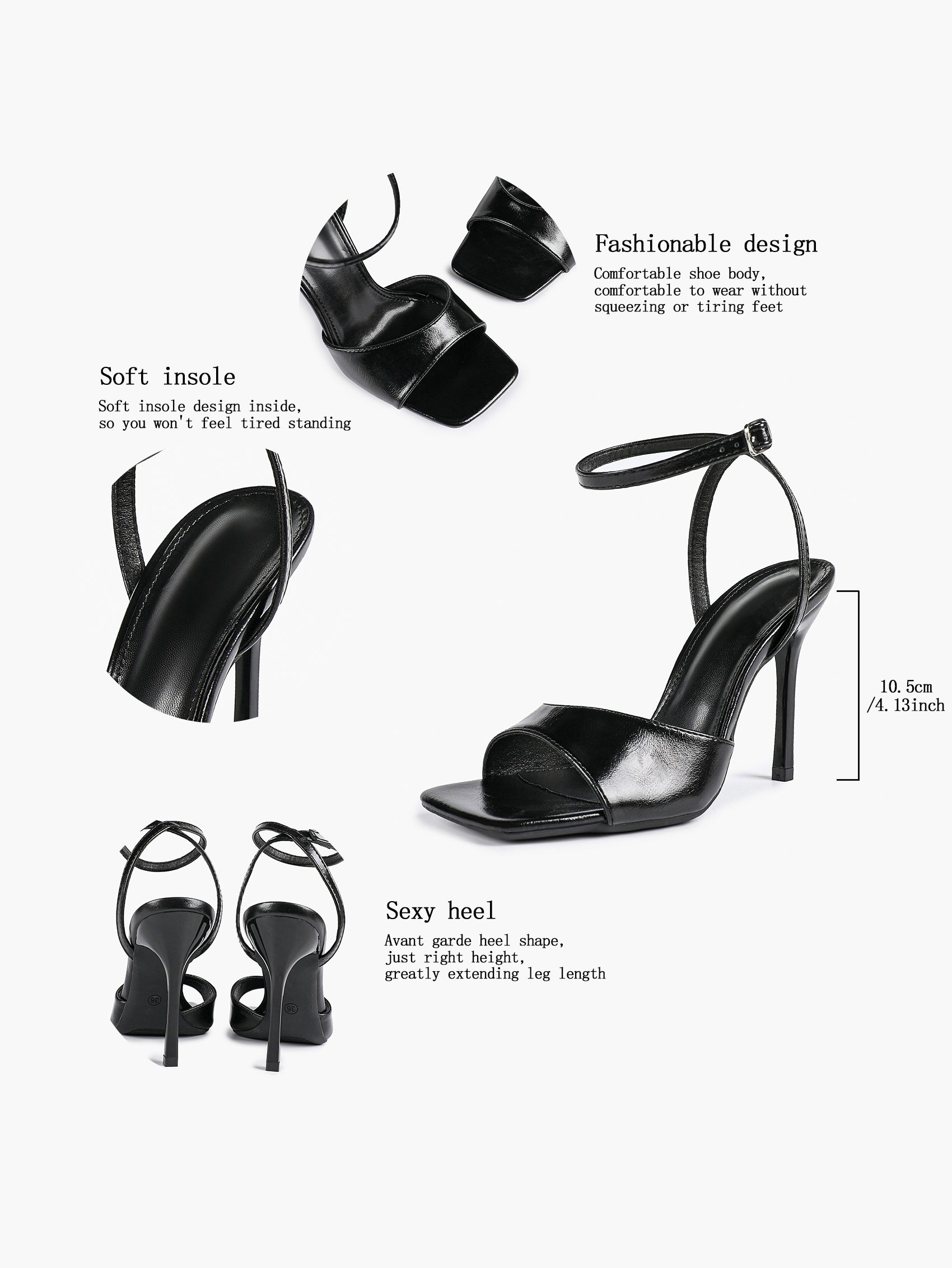 Women's Black Square Toe Ankle Strap Heeled Sandals Wedding Party Casual Shoes