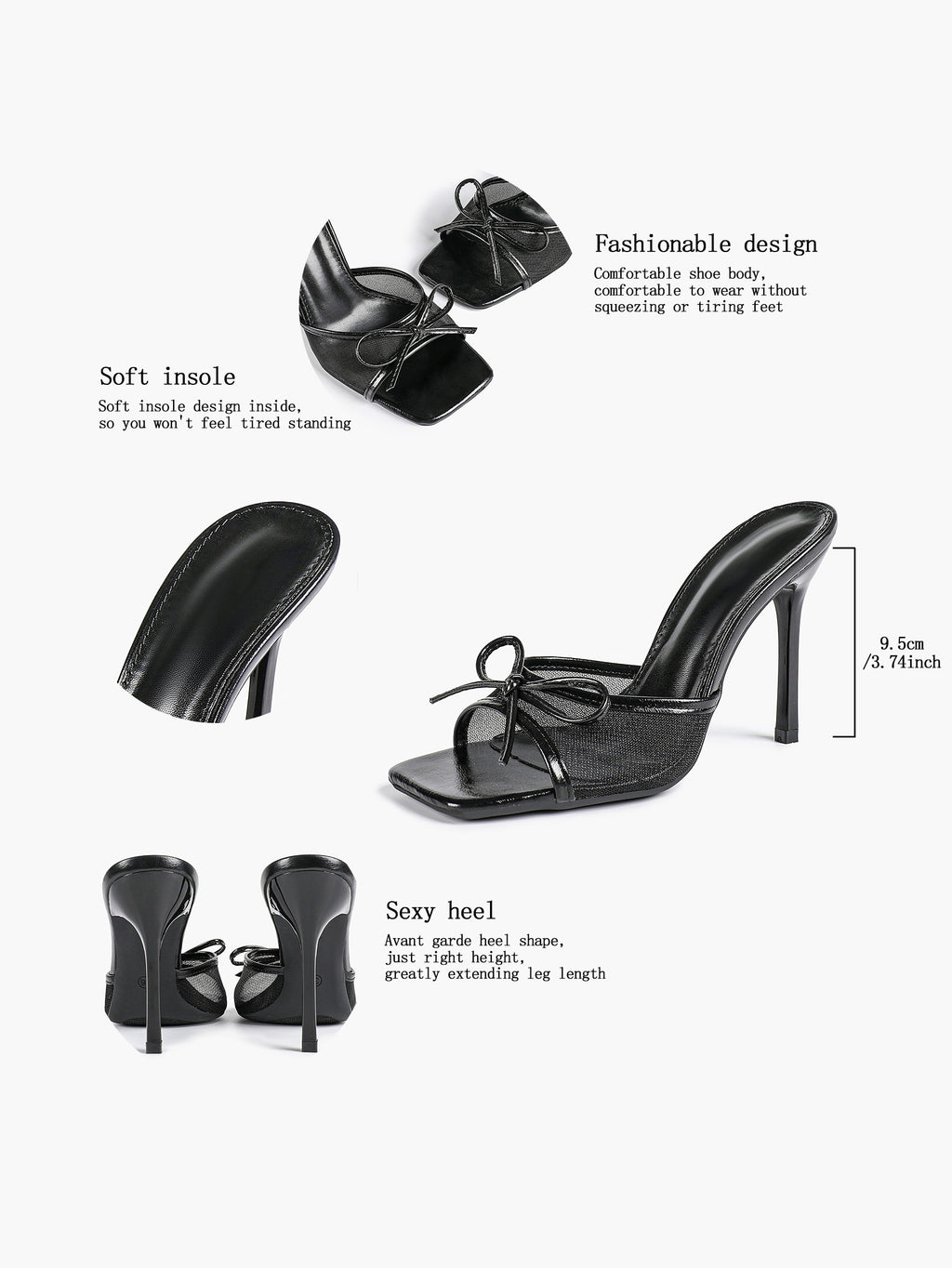 Pink Mesh Panel Bow Square Toe Heeled Mules Stiletto Slide Sandals Party Daily Wear