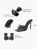 Pink Mesh Panel Bow Square Toe Heeled Mules Stiletto Slide Sandals Party Daily Wear