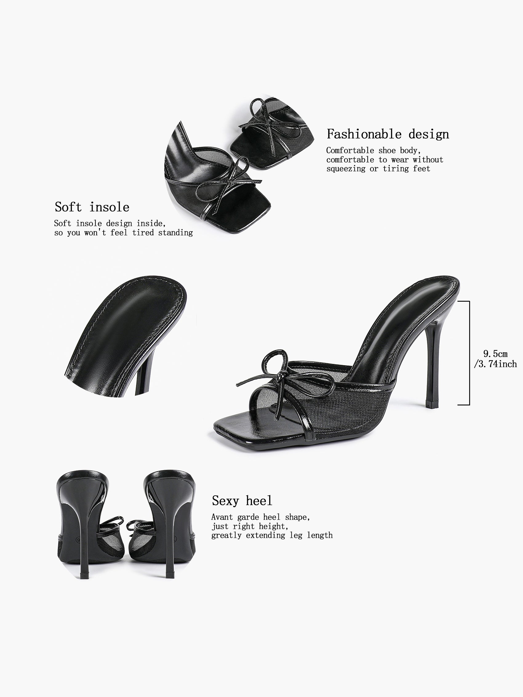Pink Mesh Panel Bow Square Toe Heeled Mules Stiletto Slide Sandals Party Daily Wear