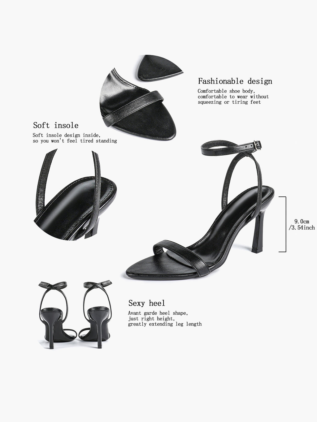 Black Leather Square Toe Ankle Strap High Heel Sandals