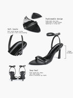Black Leather Square Toe Ankle Strap High Heel Sandals