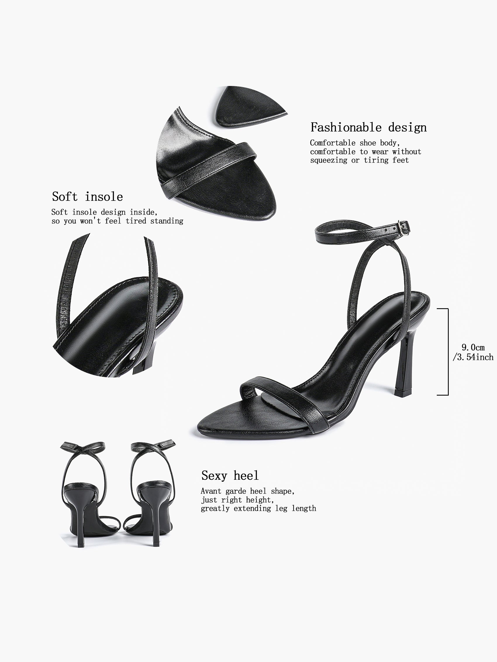 Black Leather Square Toe Ankle Strap High Heel Sandals
