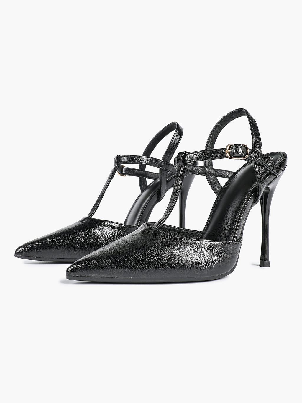 Black Textured Leather T-Strap Slingback Heeled Pumps Pointed Toe Stiletto Classic Pumps