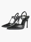 Black Textured Leather T-Strap Slingback Heeled Pumps Pointed Toe Stiletto Classic Pumps