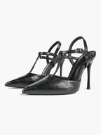 Black Textured Leather T-Strap Slingback Heeled Pumps Pointed Toe Stiletto Classic Pumps