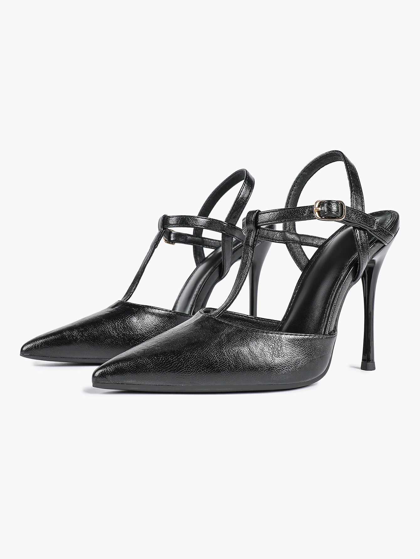 Black Textured Leather T-Strap Slingback Heeled Pumps Pointed Toe Stiletto Classic Pumps