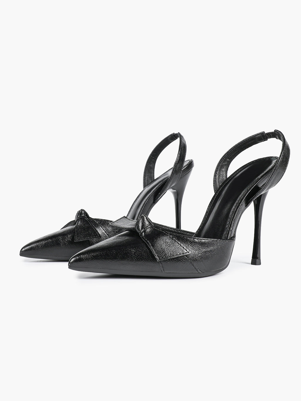 Black Leather Bow Slingback Heeled Pumps Pointed Toe Stiletto Office Evening Shoes