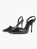 Black Leather Bow Slingback Heeled Pumps Pointed Toe Stiletto Office Evening Shoes