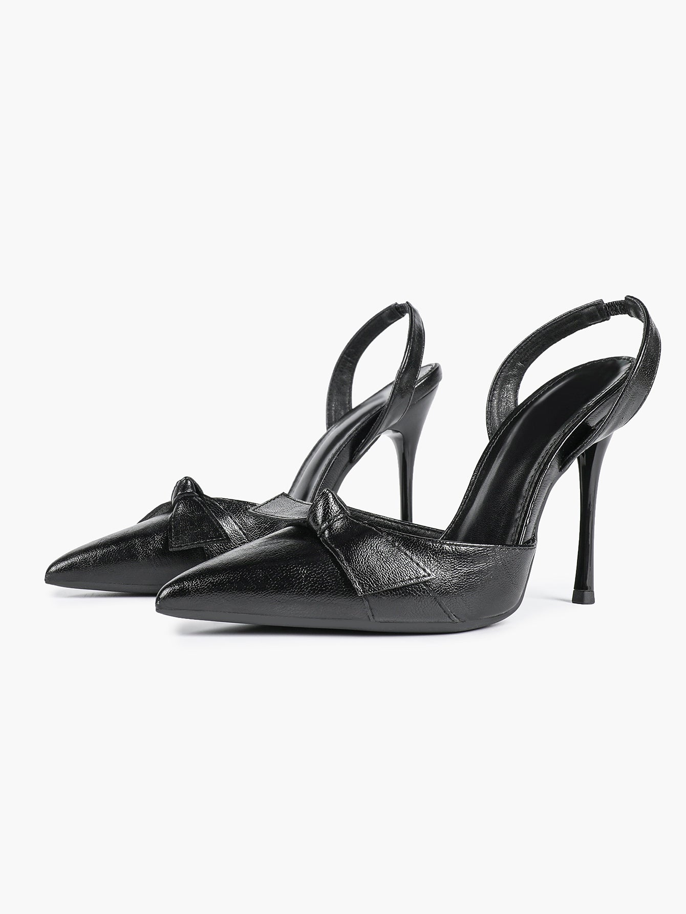 Black Leather Bow Slingback Heeled Pumps Pointed Toe Stiletto Office Evening Shoes