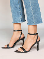 Black Leather Square Toe Ankle Strap High Heel Sandals