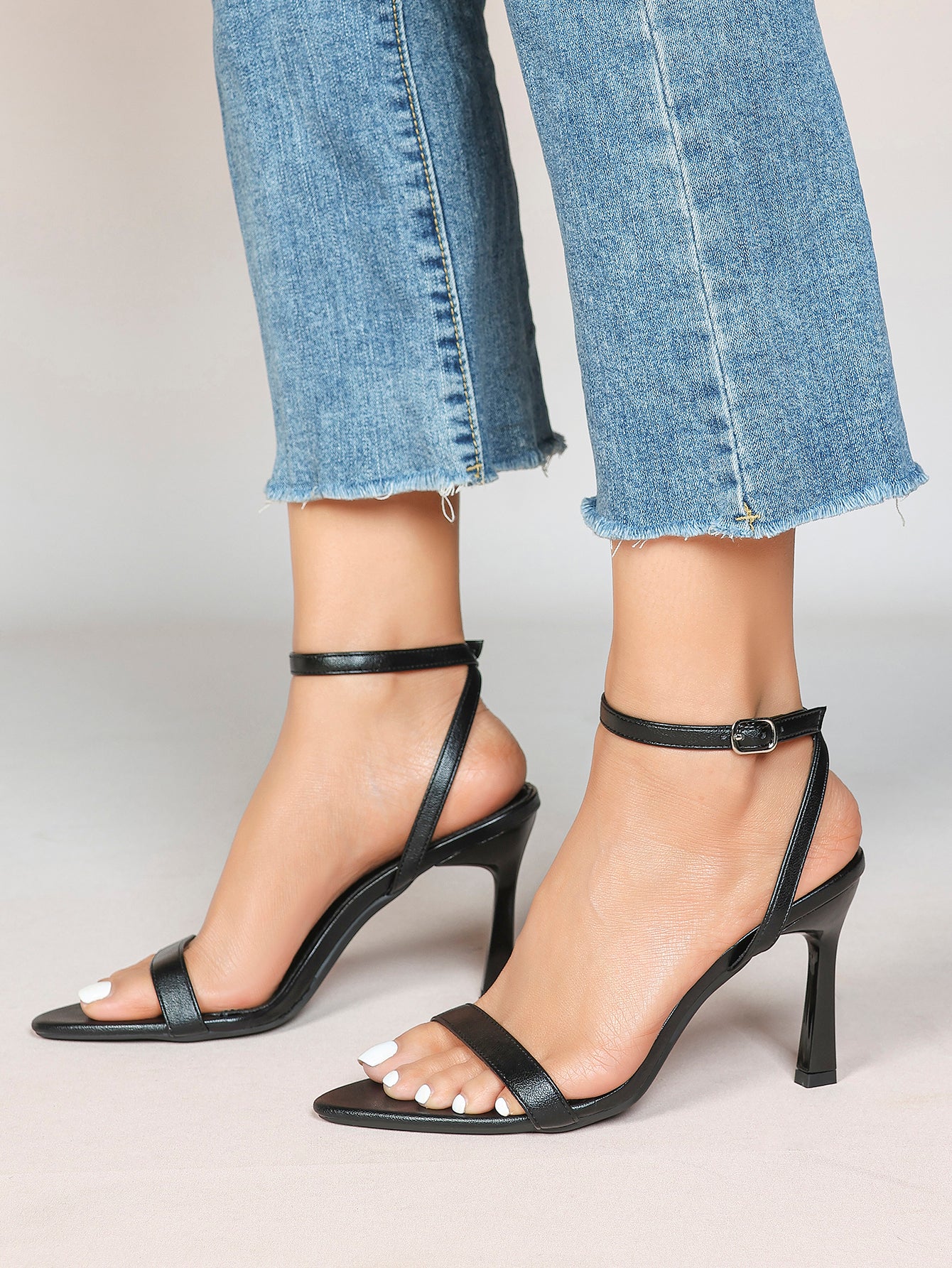 Black Leather Square Toe Ankle Strap High Heel Sandals