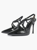 Women's Black Textured Leather Slingback Heeled Pumps Pointed Toe Stiletto Shoes Office Pumps