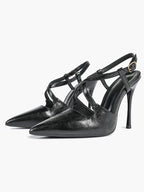 Women's Black Textured Leather Slingback Heeled Pumps Pointed Toe Stiletto Shoes Office Pumps