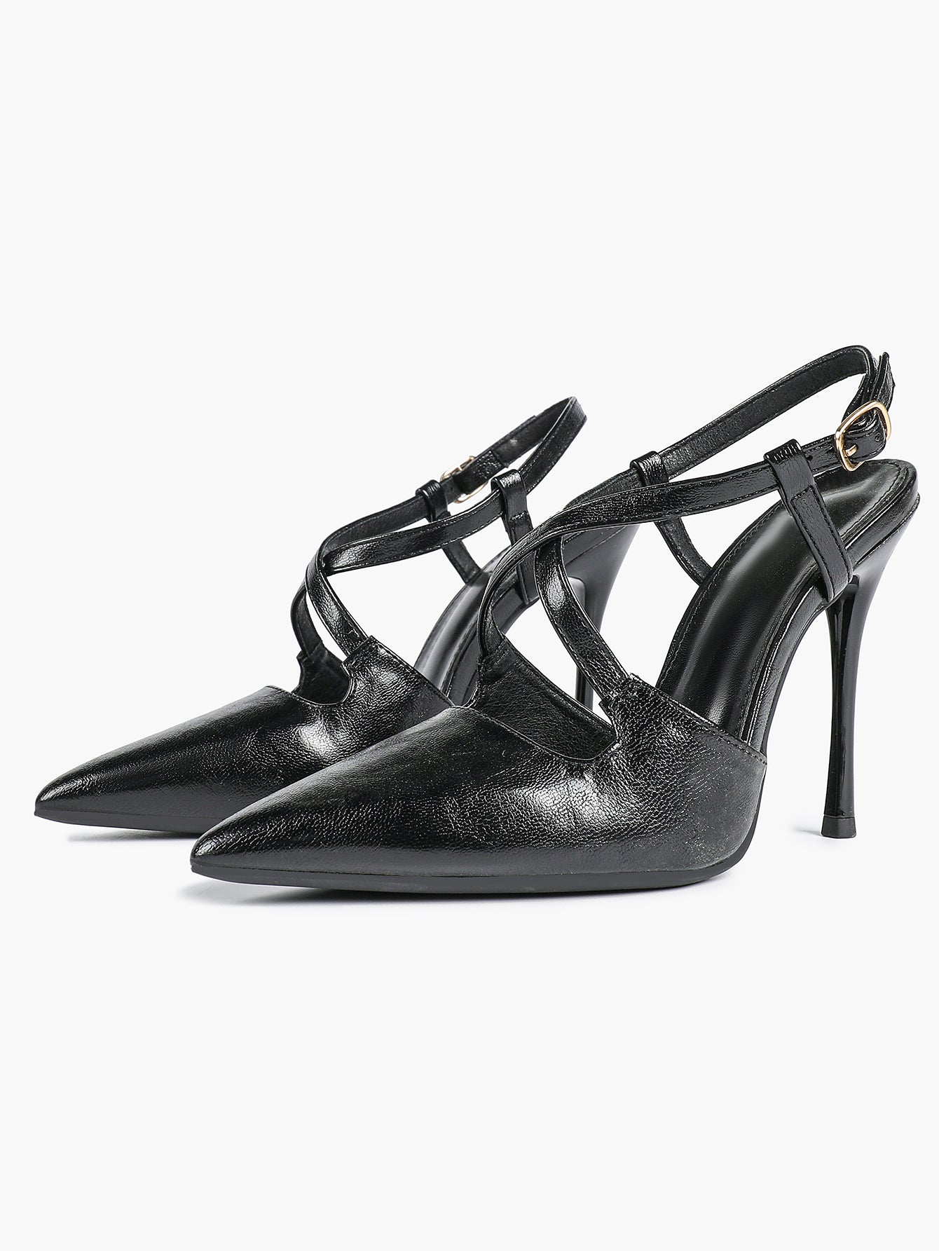Women's Black Textured Leather Slingback Heeled Pumps Pointed Toe Stiletto Shoes Office Pumps