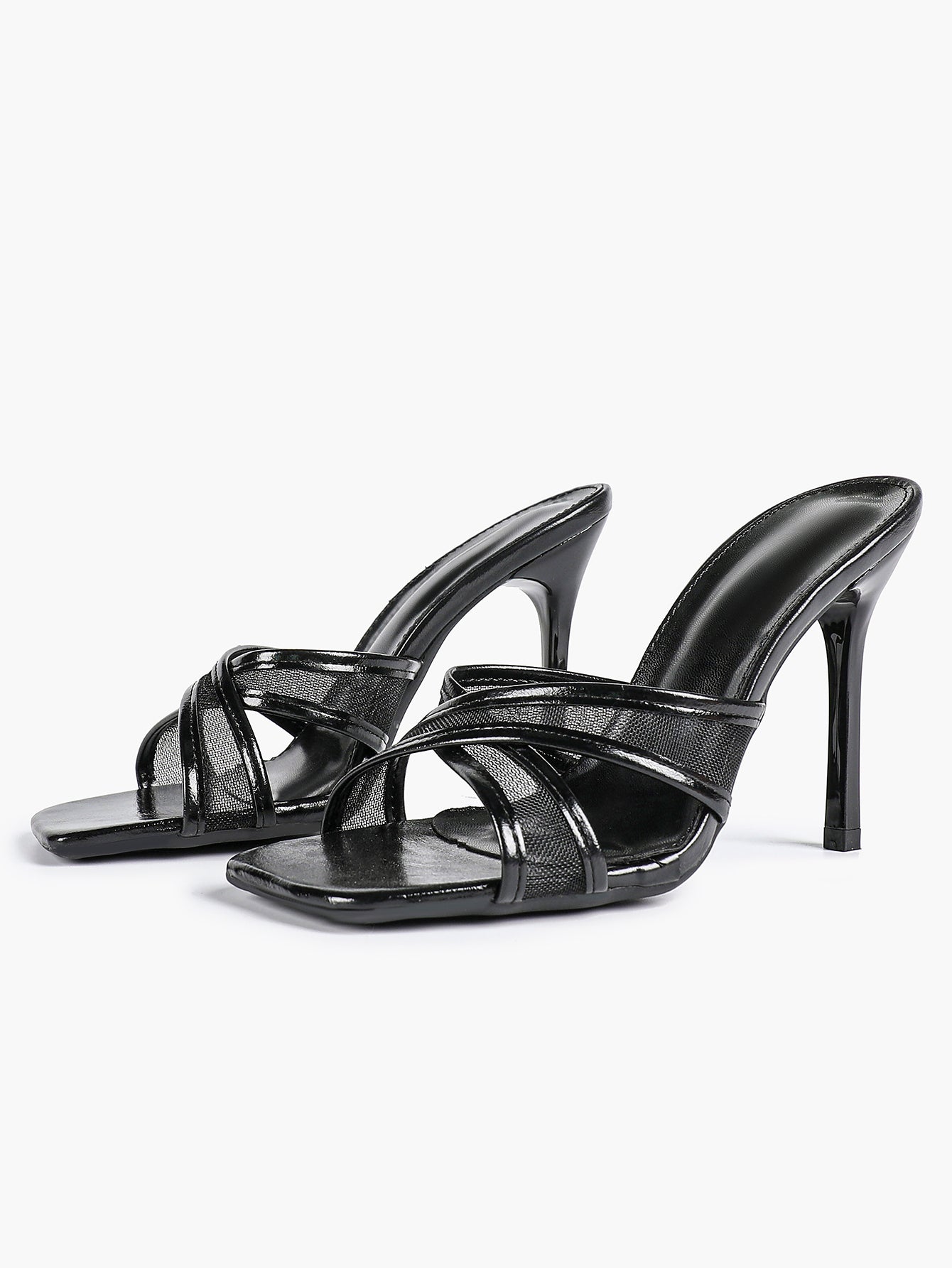 Mesh Panel Square Toe Heeled Mules Slide Sandals Party Clubwear