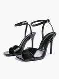 Women's Black Square Toe Ankle Strap Heeled Sandals Wedding Party Casual Shoes