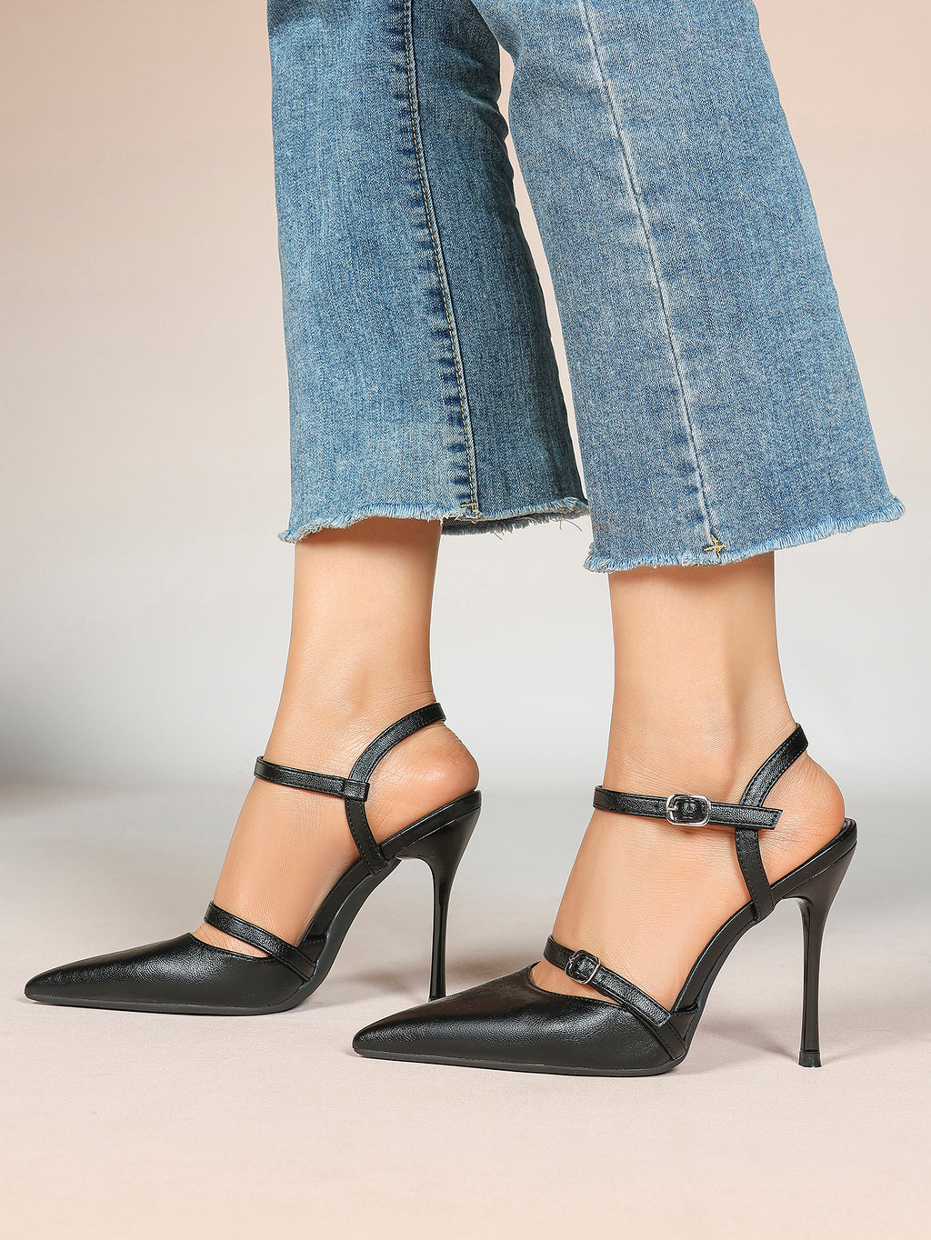 Double Strap Slingback Pointed Toe Stiletto Heels - Mary Jane Style Pumps