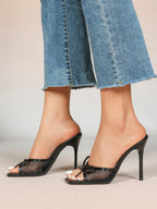Pink Mesh Panel Bow Square Toe Heeled Mules Stiletto Slide Sandals Party Daily Wear
