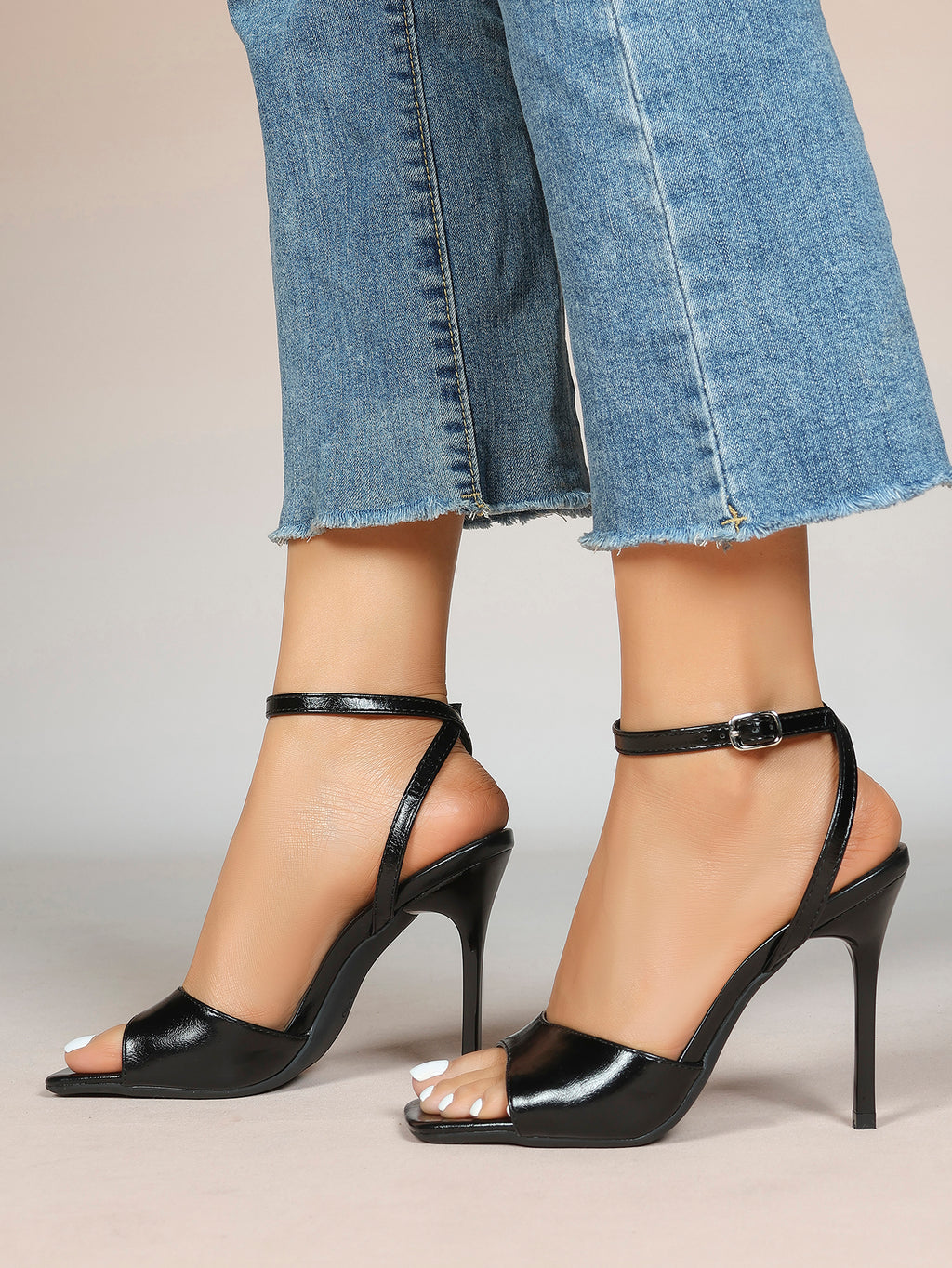 Women's Black Square Toe Ankle Strap Heeled Sandals Wedding Party Casual Shoes