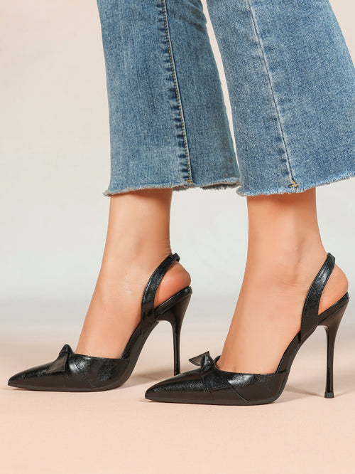 Black Leather Bow Slingback Heeled Pumps Pointed Toe Stiletto Office Evening Shoes