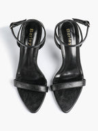 Black Leather Square Toe Ankle Strap High Heel Sandals